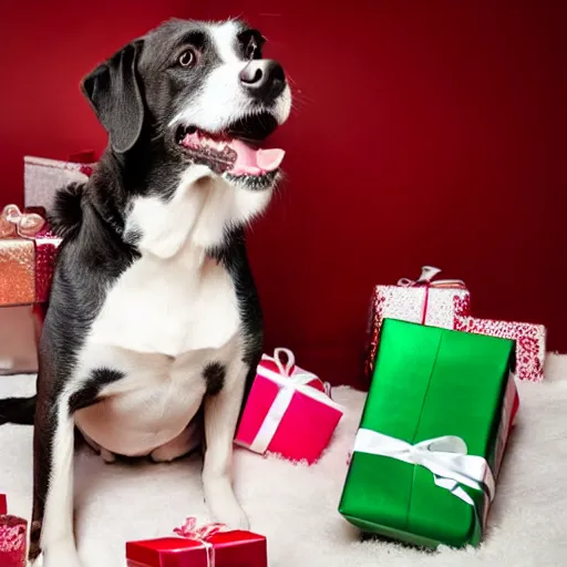 Prompt: A surprised dog getting caught opening Christmas presents