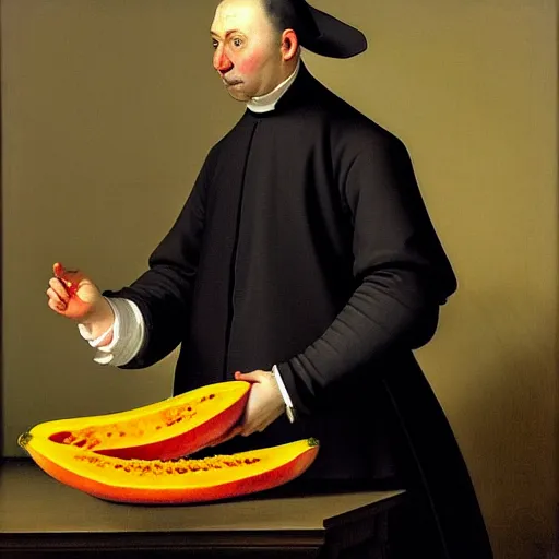 Image similar to A catholic priest with clothes made of papayas, papaya pattern clothes, papaya garments, art by Pieter Claesz, baroque, chiaroscuro