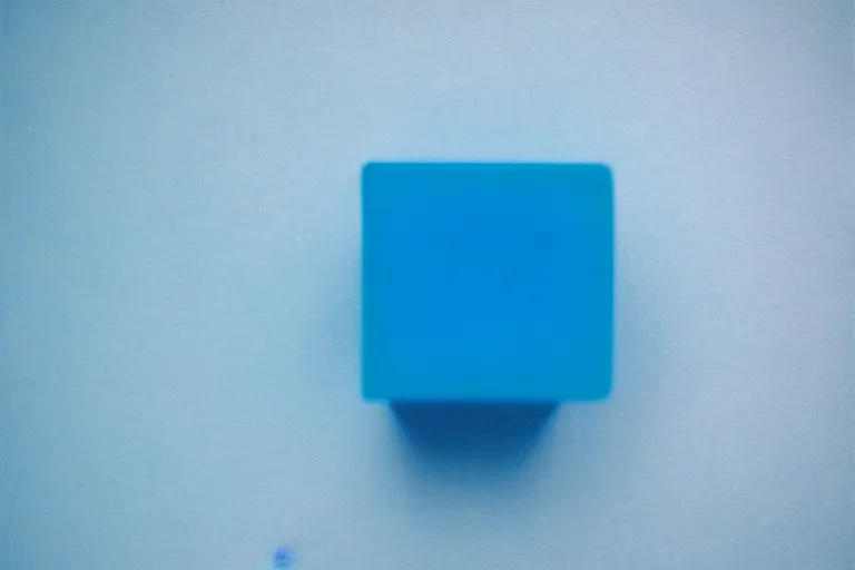 Image similar to single blue cube on white studio floor, soft light, 3 5 mm