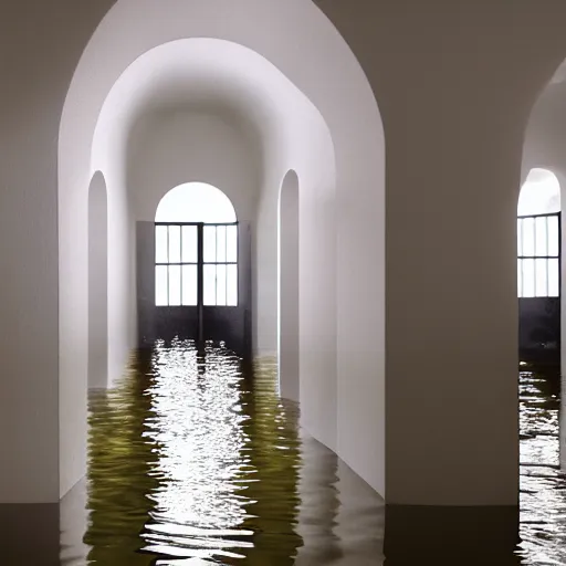 Image similar to a flooded room made of white ceramic tiles, rounded room, arched doorway, curved hallways, liminal space, surreal,