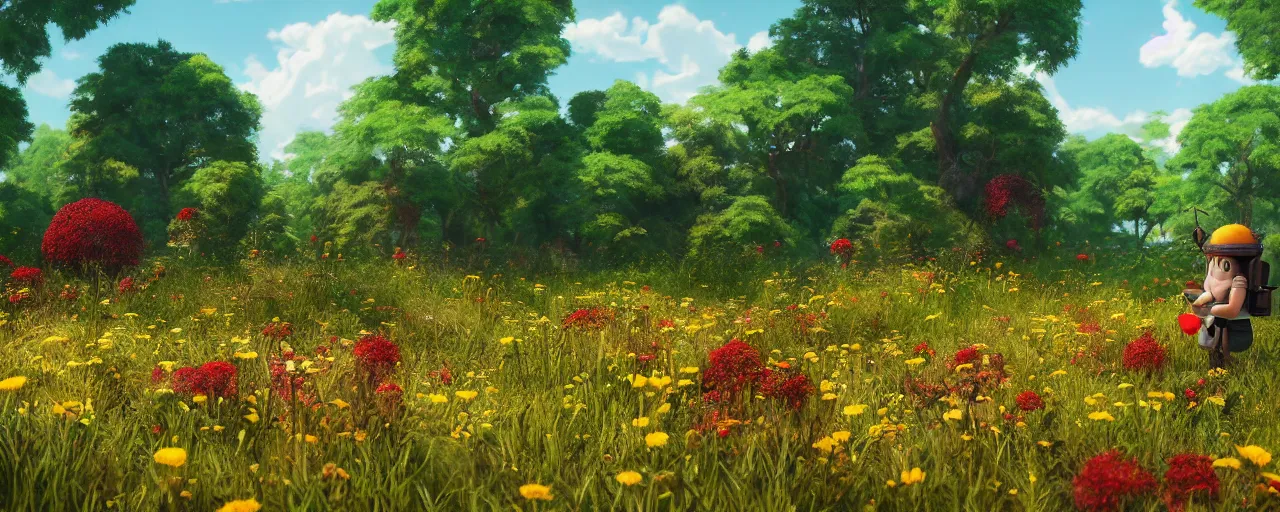 Image similar to a beautiful forest meadow landscape with large bee between flowers, crimson - black beehive, happy trees, photorealistic, octane render, rtx, hdr, unreal engine, digital art widescreen 8 k in the style of studio ghibli and bob ross and pixar and bee movie