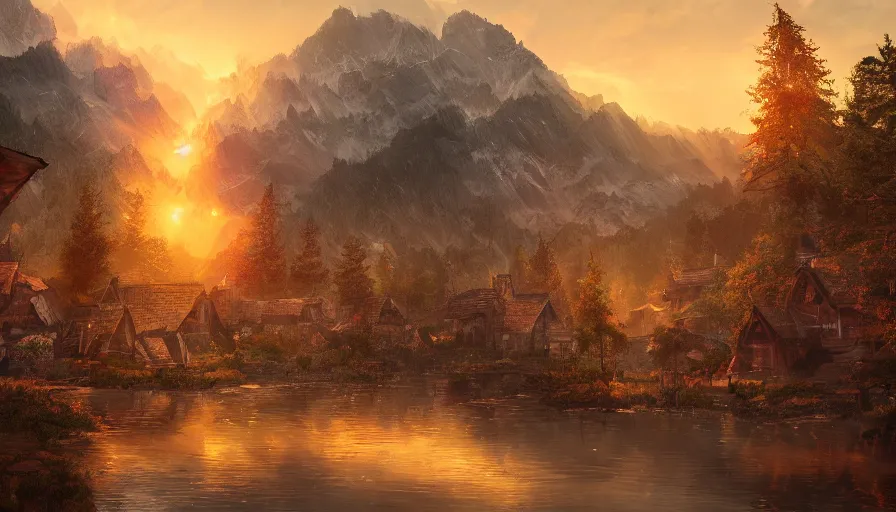 Image similar to village built at the foot of humongous mountain, forest and lakes around, sunset, hyperdetailed, artstation, cgsociety, 8 k