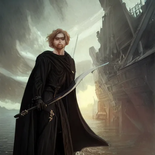 Prompt: pale male rogue in black robes on a shipdeck, fantasy, D&D, portrait, piercing stare, highly detailed, digital painting, HD, artstation, concept art, matte, sharp focus, illustration, art by artgerm and greg rutkowski and alphonse mucha