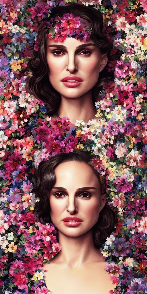 Image similar to Natalie Portman, wearing a long floral dress, very detailed portrait, ultrarealistic, dramatic lighting, electrical details, high details, 4k, 8k, best, accurate, trending on artstation, fur, artstation, photorealism, ultrarealistic, digital painting, style of Dali, Caravaggio, Boris Vallejo