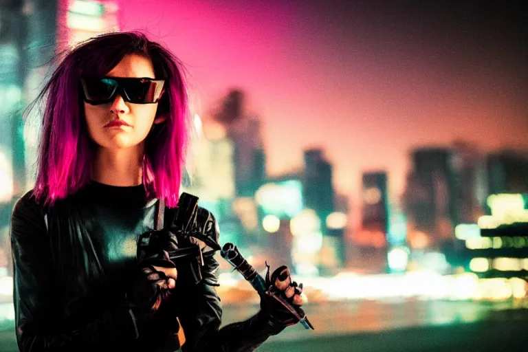 Prompt: closeup young trained female cyberpunk assassin, sunglasses, died hair, shag cut, hero pose colorful city lighting, night by emmanuel lubezki