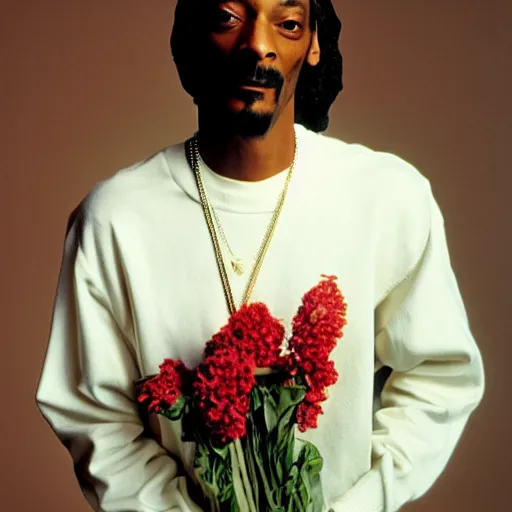 Prompt: Snoop Dogg holding a Vase of flowers for a 1990s sitcom tv show, Studio Photograph, portrait, C 9.0