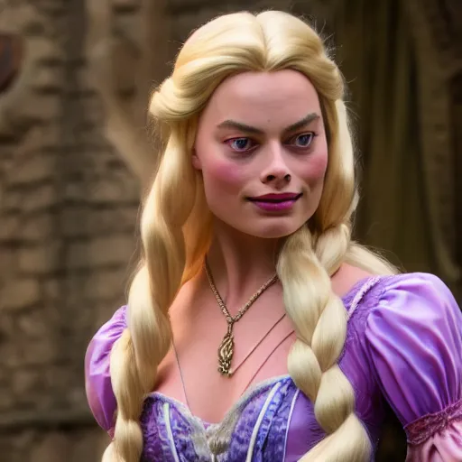 Image similar to Margot Robbie as Rapunzel in disney tangled live action, 8k full HD photo, cinematic lighting, anatomically correct, oscar award winning, action filled, correct eye placement,