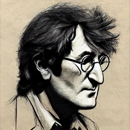 Image similar to a realistic yet scraggly portrait sketch of the side profile of a stern and sophisticated young john lennon, trending on artstation, intricate details, in the style of frank auerbach, in the style of sergio aragones, in the style of martin ansin, in the style of david aja, in the style of mattias adolfsson