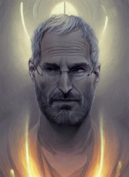 Image similar to portrait of steve jobs, white glowing eyes, silver shaggy hair, cloak, male, fantasy, extremely detailed, digital painting, artstation, concept art, sharp focus, illustration, stunning lighting, artgerm, alphonse mucha, simon stalenhag, light atmosphere, golden ratio, cinematic lighting, hyperdetailed, marc simonetti, greg rutkowski, 8 k