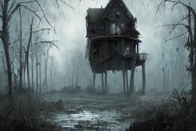 Image similar to abandoned desolate house in the swamp, gloomy, highly detailed, digital painting, artstation, concept art, sharp focus, illustration, art by raphael lacoste and greg rutkowski