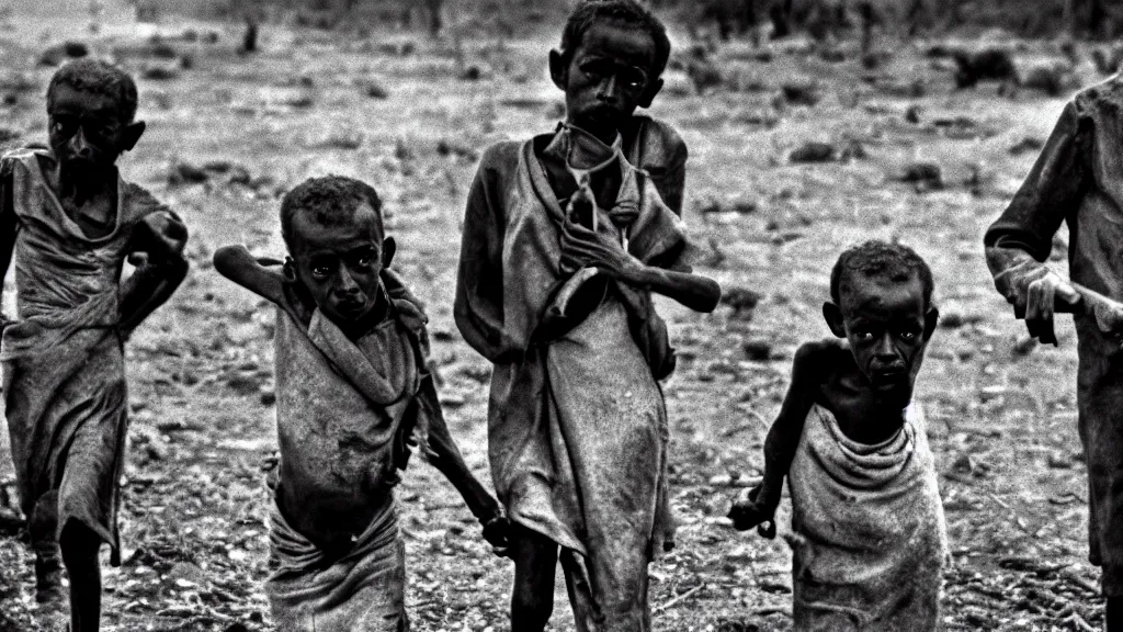 Image similar to 1984 Ethiopian famine and drought, moody, dark, movie scene, depth of field, hd, 4k