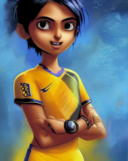 Prompt: An epic fantasy comic book style portrait painting of a very beautiful young Indian woman, very expressive, dark piercing eyes, tomboy, mischievous, smirk, round face, very dark Nilotic tan skin, futuristic short black hair style, wearing a blue and yellow soccer uniform, arms crossed, awesome pose, character design by Mark Ryden and Pixar and Hayao Miyazaki, unreal 5, DAZ, hyperrealistic, octane render, cosplay, RPG portrait, dynamic lighting, intricate detail, summer vibrancy, cinematic