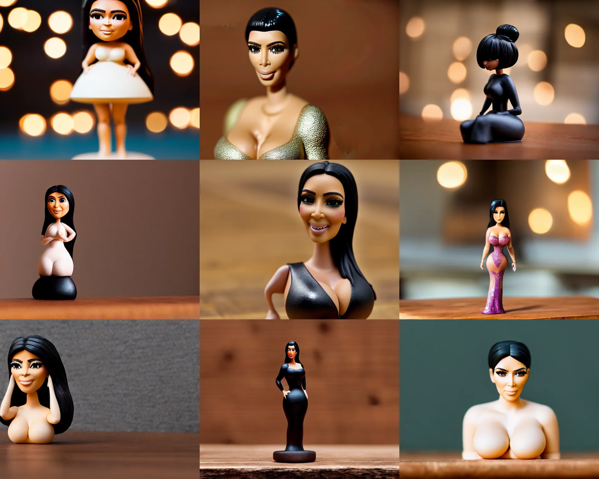 Prompt: kim kardashian figurine by pixar sad bokeh on wooden table.