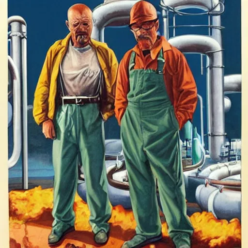 Image similar to Walter White and Luigi in chemical factory, artwork by Earl Norem,