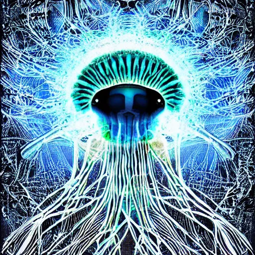 Prompt: Skeleton of a jellyfish being reclaimed by coral, intricate digital artwork, ditial art, high definition, vibrant colors, eye catching