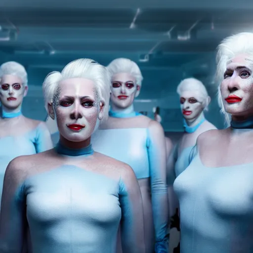 Image similar to troop of freak show women with white hair, white hair, tight light blue neopren suits, futuristic production facility, sci - fi, highly detailed, cinematic