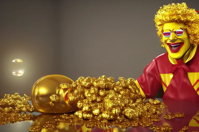 Image similar to a still of ronald mcdonald surrounded by gold and diamonds, award - winning, photograph, 3 d render, unreal engine, 4 k detailed