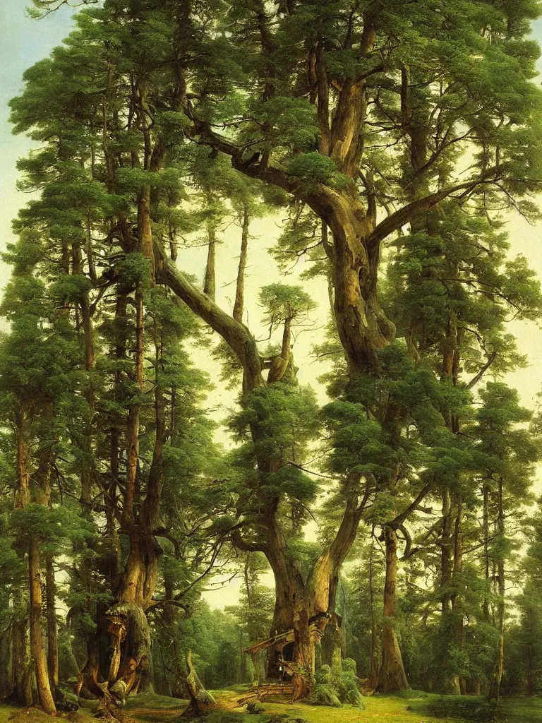 Image similar to Beautiful enormous treehouse by ivan shishkin and aivazovsky, oil on canvas, highly detailed, masterpiece