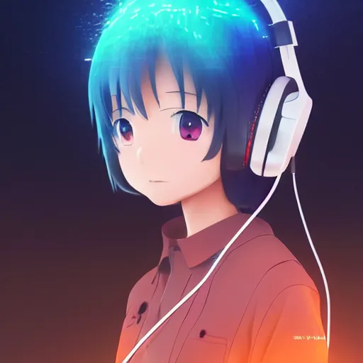 Image similar to an anime music producer with headphones on, official art, key visual, studio lightning, very detailed bd cover, Kimi no Na Wa, hyperrealistic, artstation, caustics, trending on Artstation, 8K, octane renderer, rtx on