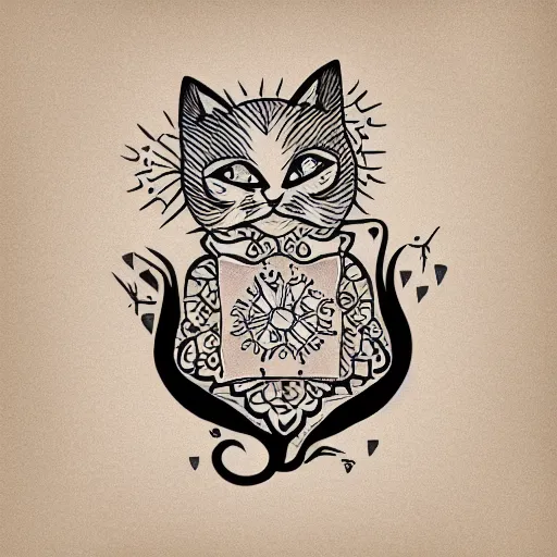 Image similar to tattoo sketch of a cat hugging the sun, on a canva, minimalism, ornamental, line art, vector,