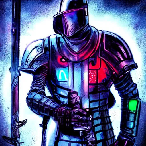 Image similar to a cyberpunk knight in heavy armor holding a large sword in a cyberpunk setting, comic book art, cyberpunk, art by stan lee,, colorful, bright high tech lights, dark, moody, dramatic, 8 0 s vibe, neon lines marvel comics, dc comics