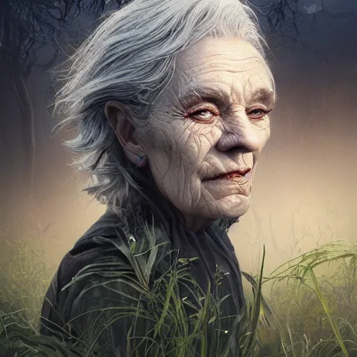 Prompt: fantasy portrait of an energetic old woman with silky, cloudy grey hair, black scars on her face, swamp vegetation in the background, nocturnal palette, dramatic lighting, cinematic, establishing shot, extremely high detail, photo realistic, cinematic lighting, post processed, concept art, artstation, matte painting, style by eddie mendoza, raphael lacoste, alex ross