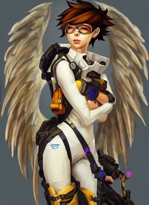 Image similar to full body oil painting of tracer overwatch in the style of sophie anderson, angel wings, white dress, dramatic painting, symmetrical composition, ornate, high detail, gold detailed collar, blooming, lights, flowers,