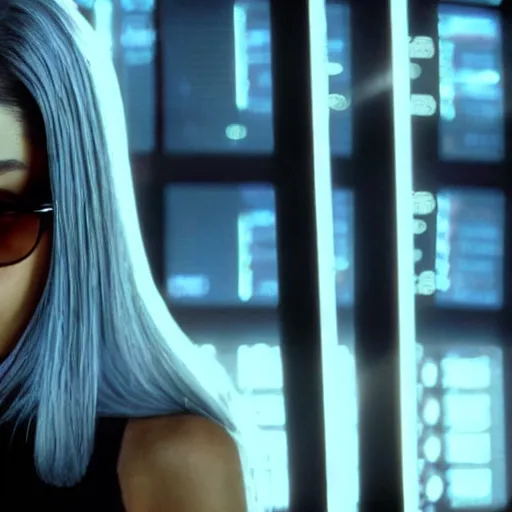 Prompt: ariana grande with black glasses in the movie matrix 4k
