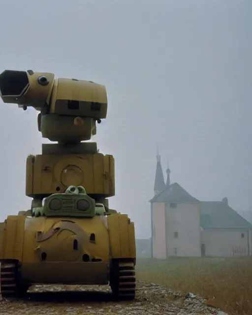 Image similar to giant oversized chubby bulky armored train pug dog robot mech, with big pug head , rocket launcher , on a village , Cinematic focus, fujicolor photo, vintage, neutral colors, soft lights, foggy, panorama by by Serov Valentin, by lisa yuskavage, by Andrei Tarkovsky