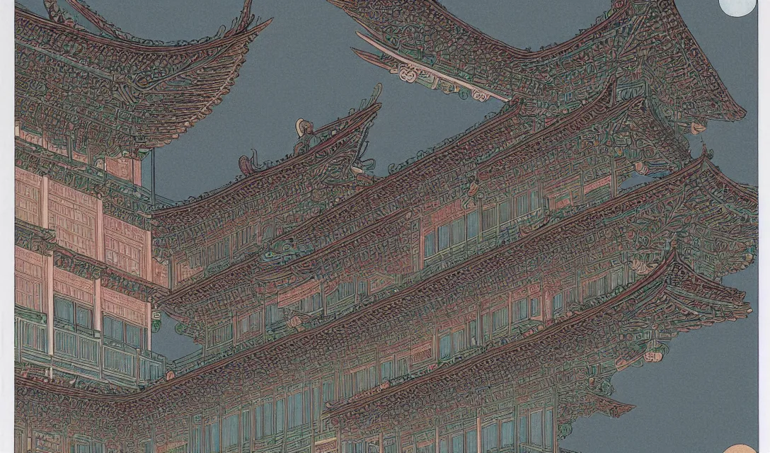 Prompt: symmetry!! a gorgeous chinese palace in night, illustration, by moebius and stuio ghibli