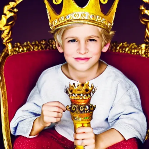 Image similar to cute blond boy wearing a crown and sitting on an ornate throne holding a jeweled scepter.