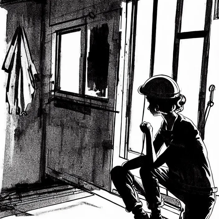 Image similar to [ sadie sink in dirty workmen clothes comes in ] [ a very dark dingy 1 9 6 0 s house ]. technique : black and white pencil and ink. by gabriel hardman, joe alves, chris bonura. cinematic atmosphere, detailed and intricate, perfect anatomy