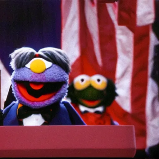 Prompt: a muppet giving presidential inauguration speech, at podium, realism, stunning photo - quality, movie - quality,