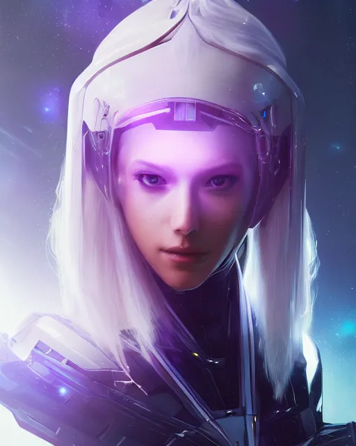 Image similar to perfect android girl on a mothership, warframe armor, beautiful face, scifi, futuristic, galaxy, nebula, raytracing, dreamy, long white hair, blue cyborg eyes, sharp focus, cinematic lighting, highly detailed, artstation, divine, by gauthier leblanc, kazuya takahashi, huifeng huang