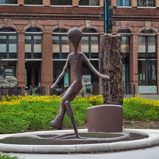 Image similar to high resolution photograph of a bronze cast stick figure sculpture in a roundabout