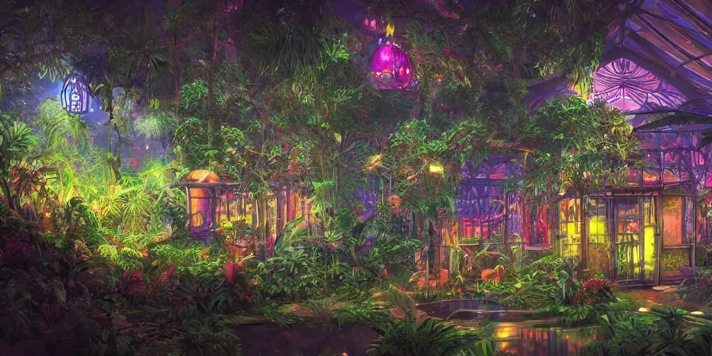 Image similar to tropical greenhouse garden, neon lights, mythology, fairy tale, urban landscape, evening, highly detailed, low angle view, artstation, in the style of aetherpunk