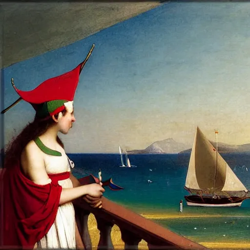 Prompt: A girl with jester hat and clothes on a greek archi circle on the front of a Balustrade with a beach and a sail boat on the background, major arcana cards, by paul delaroche, hyperrealistic 8k, very detailed