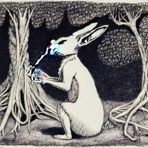 Image similar to a pen and ink drawing of a white rabbit smoking a cigarette while reclining in a deep dark tangled forest, a lingering smoke cloud, childrens book illustration, by edward gorey, by gustav dore