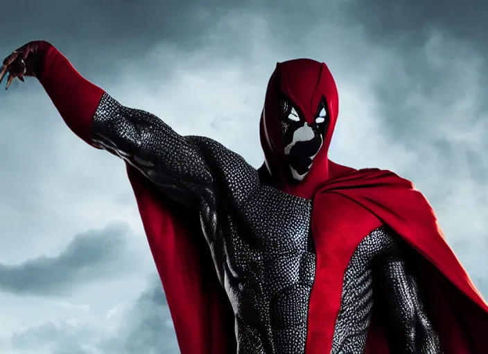 Image similar to film still of michael b jordan as spawn in the new spawn movie, giant chains, large cape, 8 k