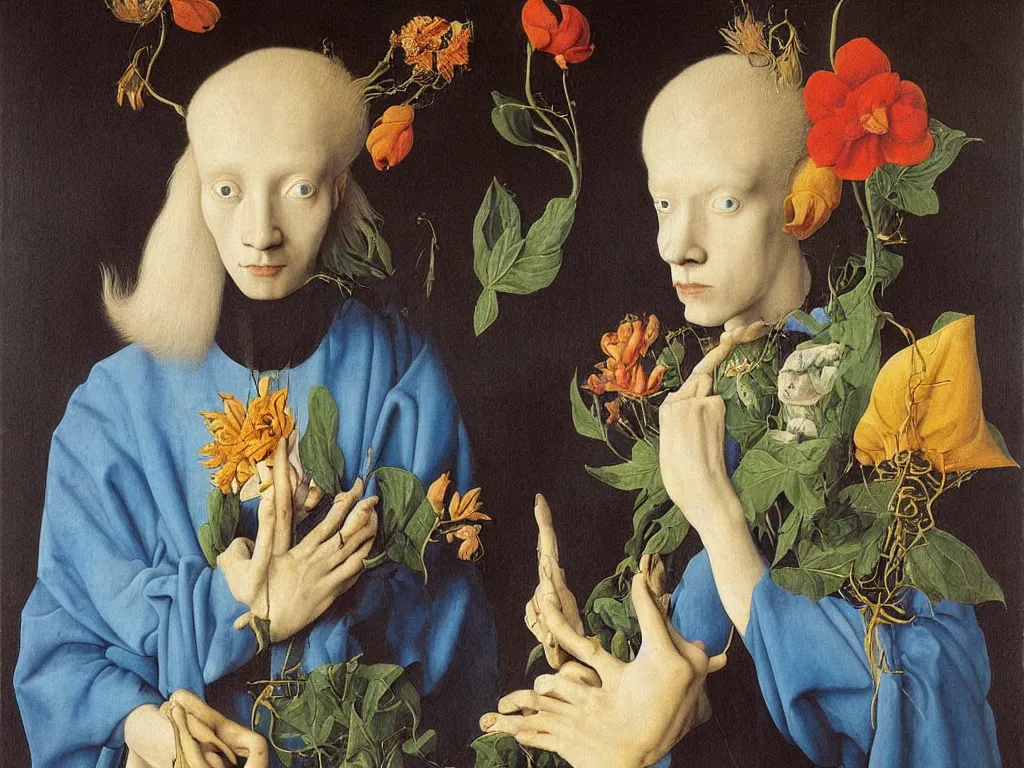 Image similar to Portrait of albino mystic painter with blue eyes, with beautiful exotic melancholy wilted flower. Painting by Jan van Eyck, Audubon, Rene Magritte, Agnes Pelton, Max Ernst, Walton Ford