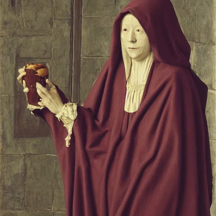 Image similar to a woman in a hooded cloak, in a mcdonald, color photograph, by jan van eyck, canon eos c 3 0 0, ƒ 1. 8, 3 5 mm, 8 k, medium - format print