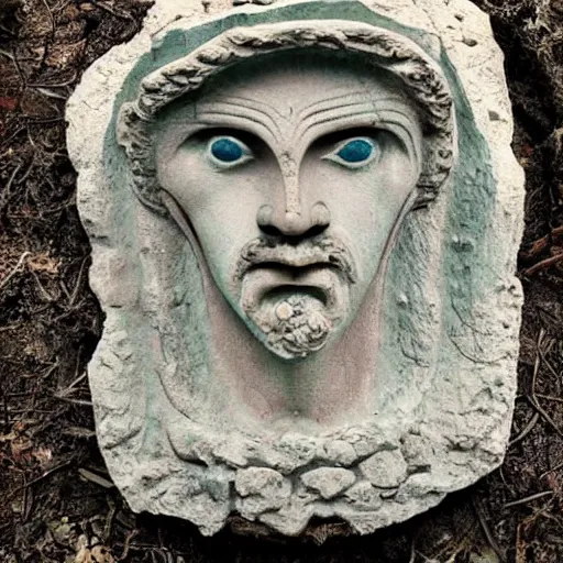 Prompt: fantasy painting of Greek alien god made of stone places in the woods