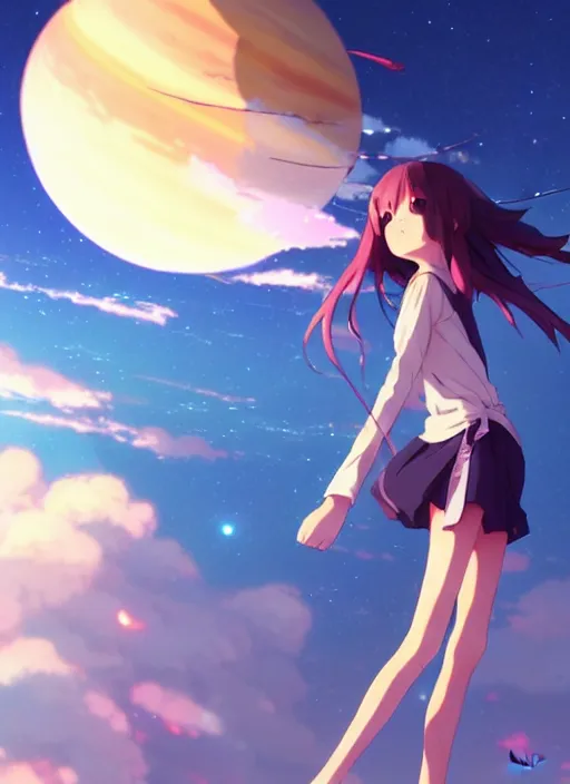 Image similar to anime girl flying in the sky against the backdrop of dawn, saturn in the background, illustration, concept art, anime, key visual, trending pixiv fanbox by wlop and greg rutkowski and makoto shinkai and studio ghibli