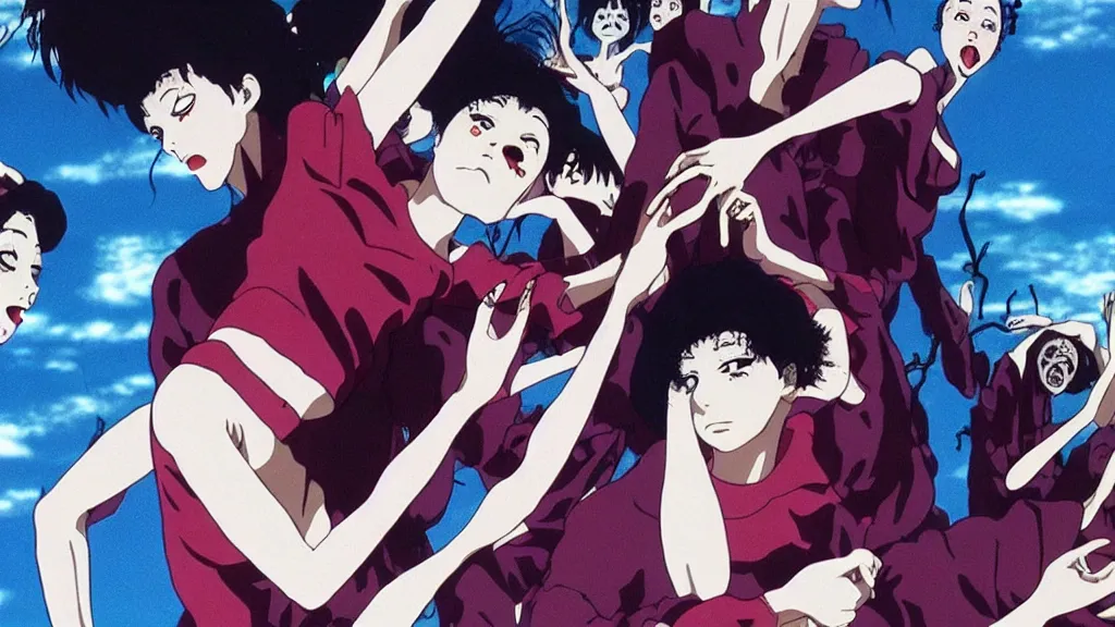 Image similar to french voguing dance horror movie, anime film still from the an anime directed by katsuhiro otomo with art direction by salvador dali, wide lens