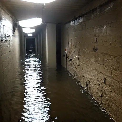 Image similar to a flooded creepy empty basement hallway with a mannequin in the water, craigslist photo