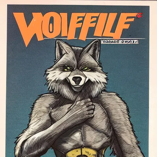 Prompt: 1 9 8 0 s comic book cover scan featuring a portrait of villain male wolf o'donnell anthropomorphic wolf furry fursona from starfox wearing a dark leather space mercenary uniform, fluffy eyebrows, dark grey wolf, wolf o'donnell, magazine scan, 1 9 8 0 s artwork scan