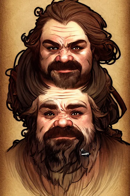 Image similar to head and shoulders portrait of a dwarf adventurer, jovial, scarred lip, grandfatherly, leather armor, male, tavern background, high fantasy, d & d, by alphonse mucha, face details, extremely detailed, digital illustration