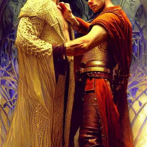 Image similar to stunning arthur pendragon in love with stunning male merlin the mage. they are close to each other, touching, looking. highly detailed painting by gaston bussiere, craig mullins, j. c. leyendecker