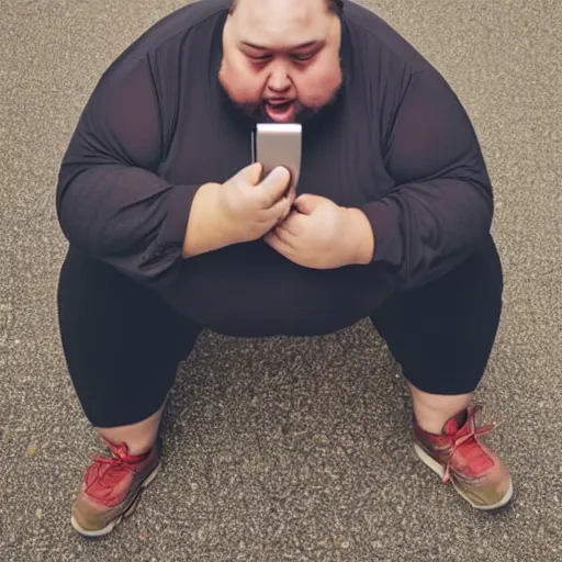 Image similar to a fat man trying to eat an iPhone as the world is burning