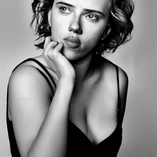 Image similar to a portrait photo of 20 year old male scarlett johansson, with a sad expression, looking forward